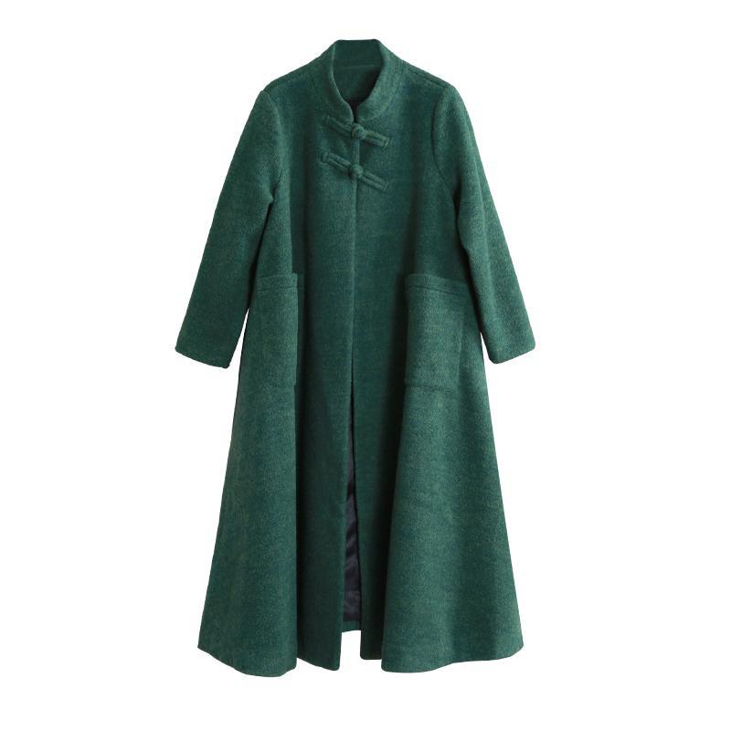 Fine green woolen coats plus size stand collar pockets coat - Omychic