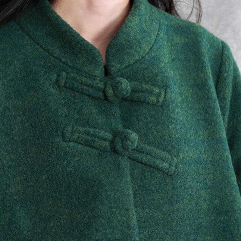 Fine green woolen coats plus size stand collar pockets coat - Omychic