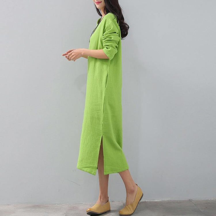 Fine light green fall dress casual long sleeve side open vintage V neck fashion dresses - Omychic