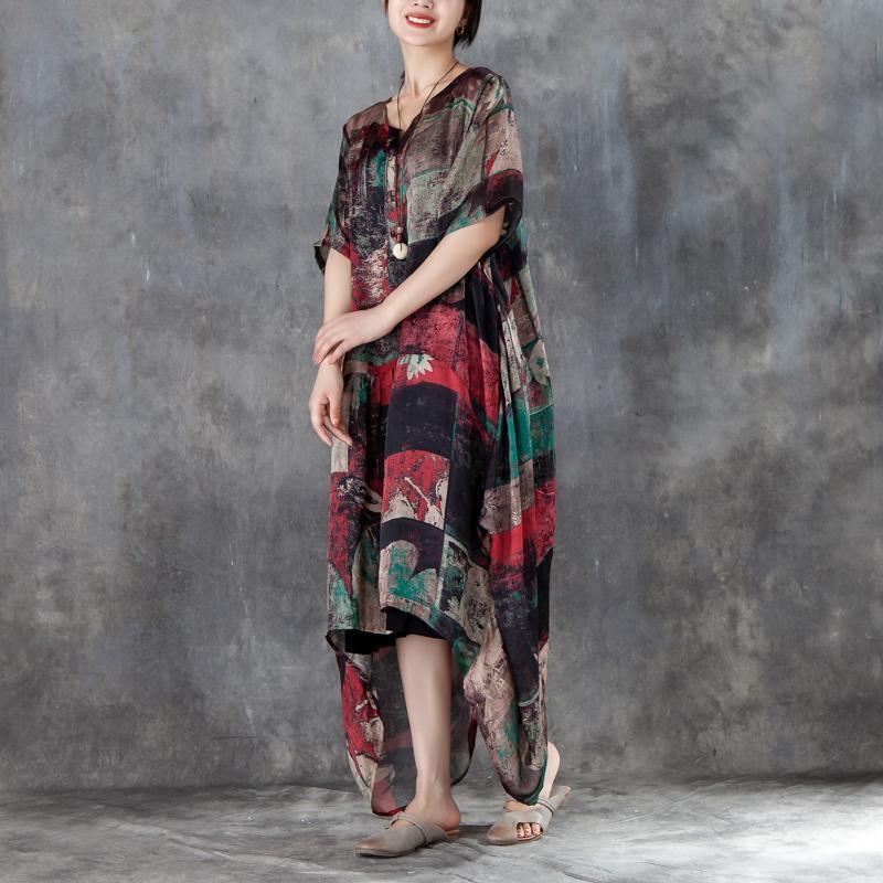 Fine linen blended maxi dress Loose fitting Women Short Sleeve Irregular Hem Printed Dress - Omychic