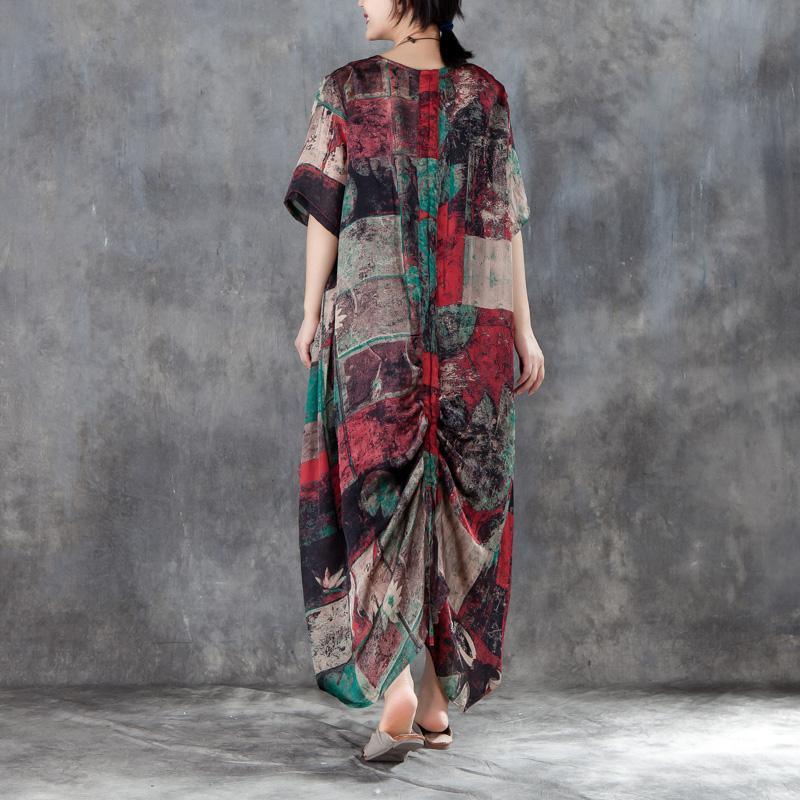 Fine linen blended maxi dress Loose fitting Women Short Sleeve Irregular Hem Printed Dress - Omychic