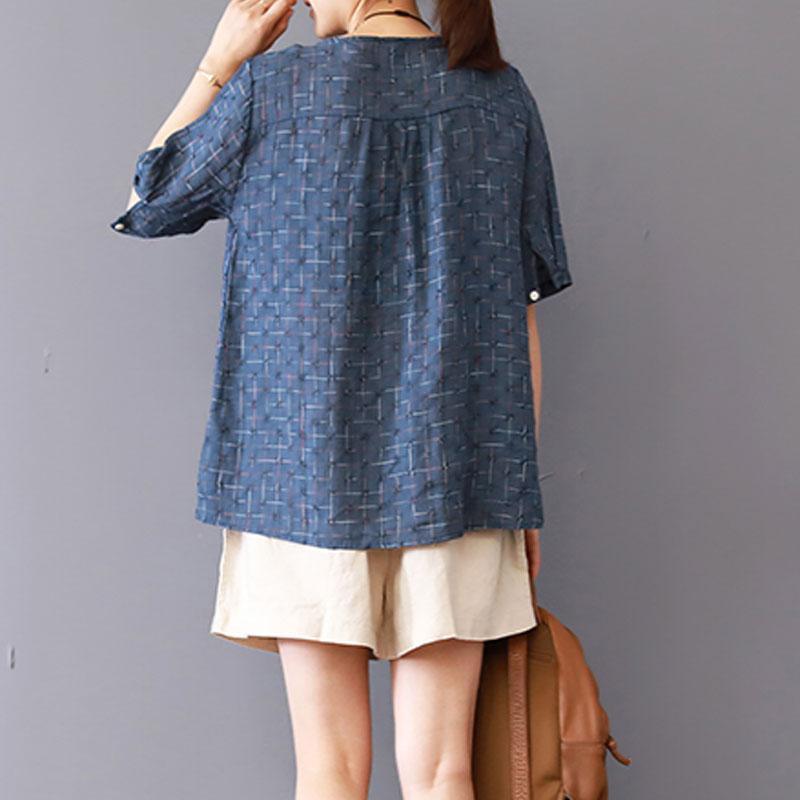 Fine linen blouse casual Summer Round Neck Lattice Short Sleeve Blue Blouse - Omychic