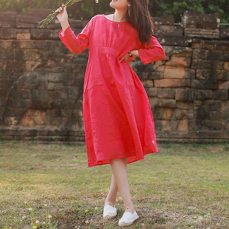 Fine linen dress trendy plus size Folded Women Loose Casual Summer Linen Plain Red Dress - Omychic