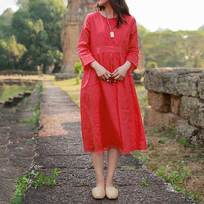 Fine linen dress trendy plus size Folded Women Loose Casual Summer Linen Plain Red Dress - Omychic