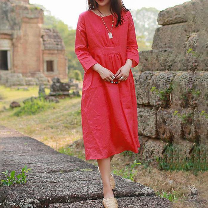 Fine linen dress trendy plus size Folded Women Loose Casual Summer Linen Plain Red Dress - Omychic