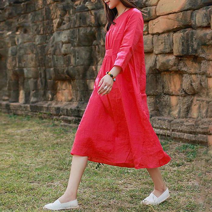 Fine linen dress trendy plus size Folded Women Loose Casual Summer Linen Plain Red Dress - Omychic