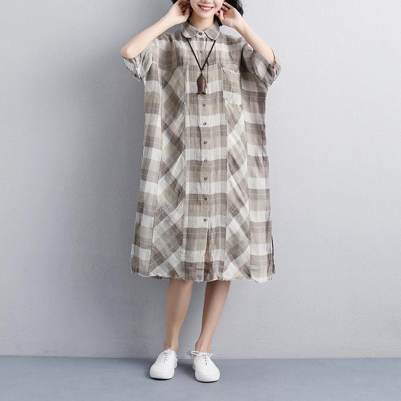 Fine linen dresses plus size clothing Women Polo Collar Short Sleeve Plaid Linen Shirt Dress - Omychic