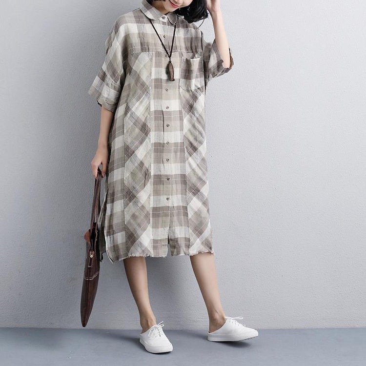 Fine linen dresses plus size clothing Women Polo Collar Short Sleeve Plaid Linen Shirt Dress - Omychic