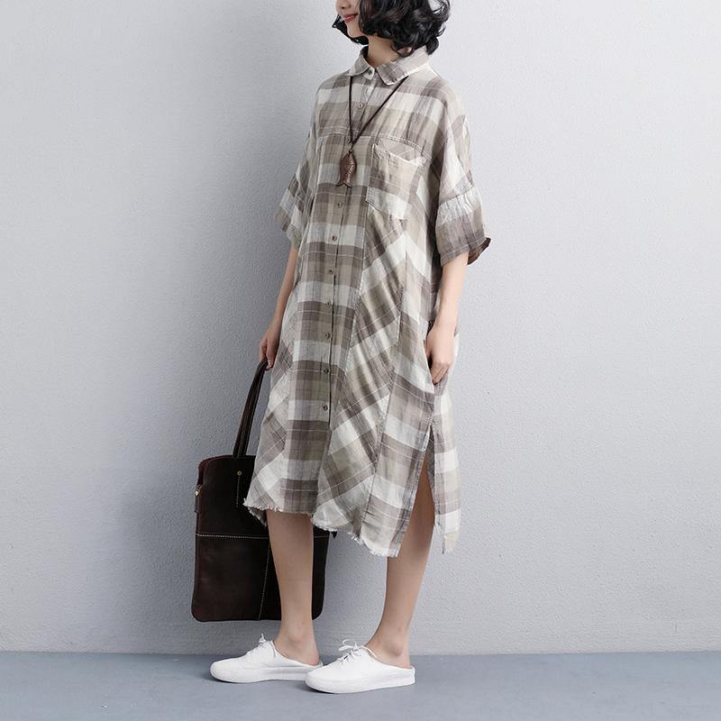 Fine linen dresses plus size clothing Women Polo Collar Short Sleeve Plaid Linen Shirt Dress - Omychic