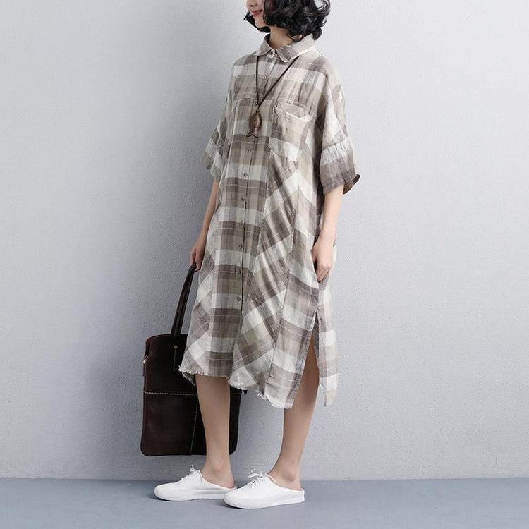 Fine linen dresses plus size clothing Women Polo Collar Short Sleeve Plaid Linen Shirt Dress - Omychic