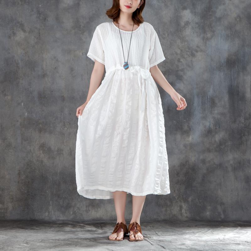 Fine long cotton linen dresses oversized Women White Linen Lacing Casual Short Sleeve Dress - Omychic