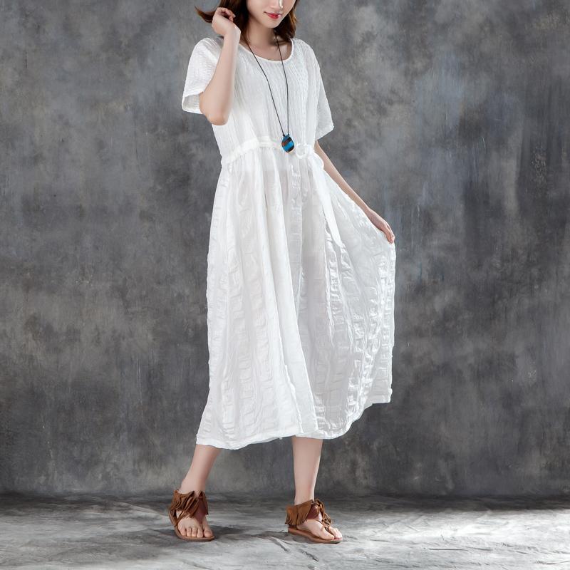 Fine long cotton linen dresses oversized Women White Linen Lacing Casual Short Sleeve Dress - Omychic