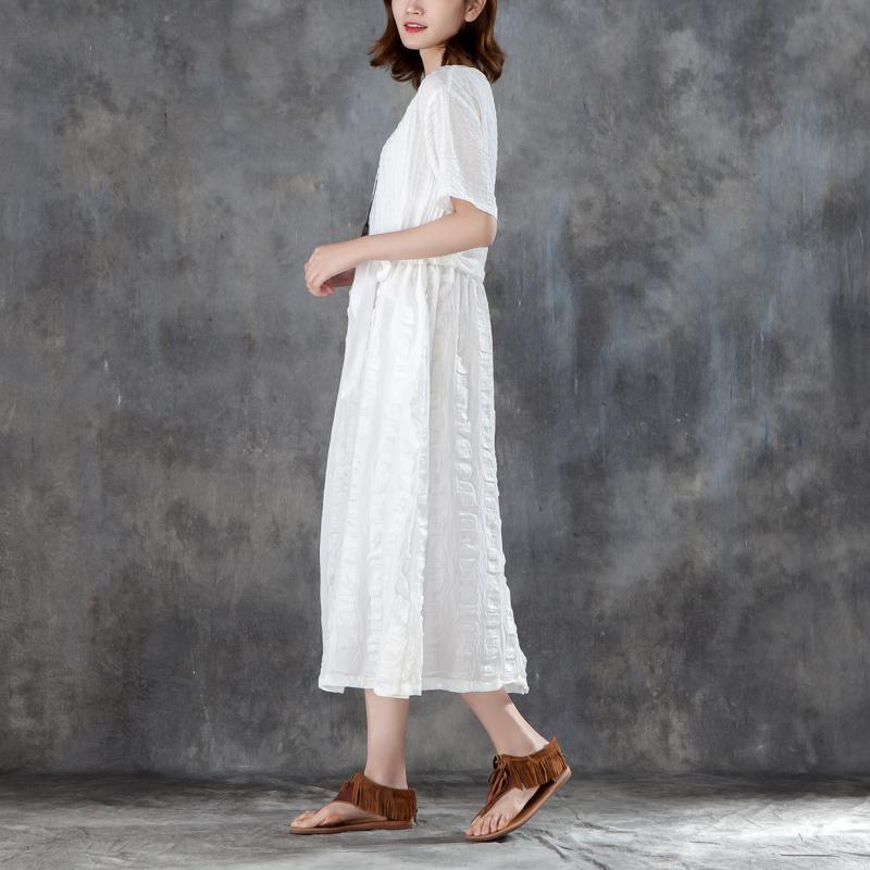 Fine long cotton linen dresses oversized Women White Linen Lacing Casual Short Sleeve Dress - Omychic