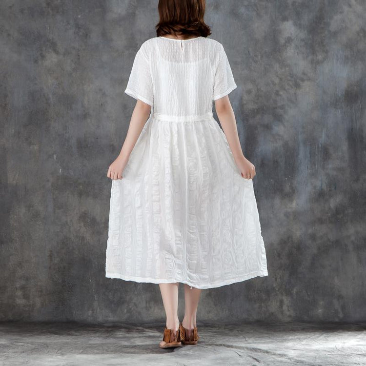Fine long cotton linen dresses oversized Women White Linen Lacing Casual Short Sleeve Dress - Omychic