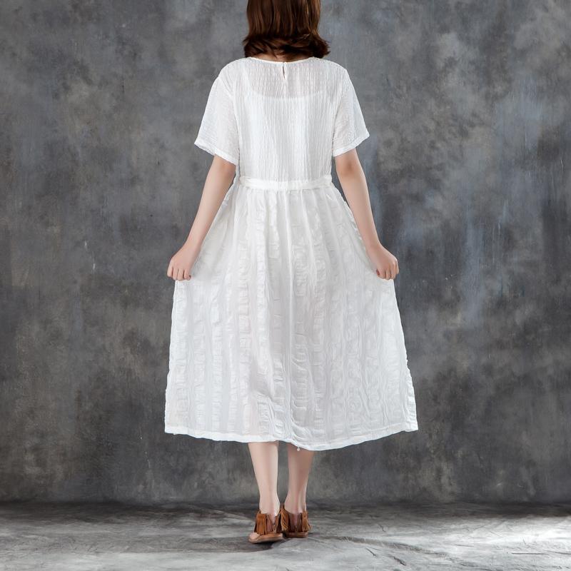 Fine long cotton linen dresses oversized Women White Linen Lacing Casual Short Sleeve Dress - Omychic