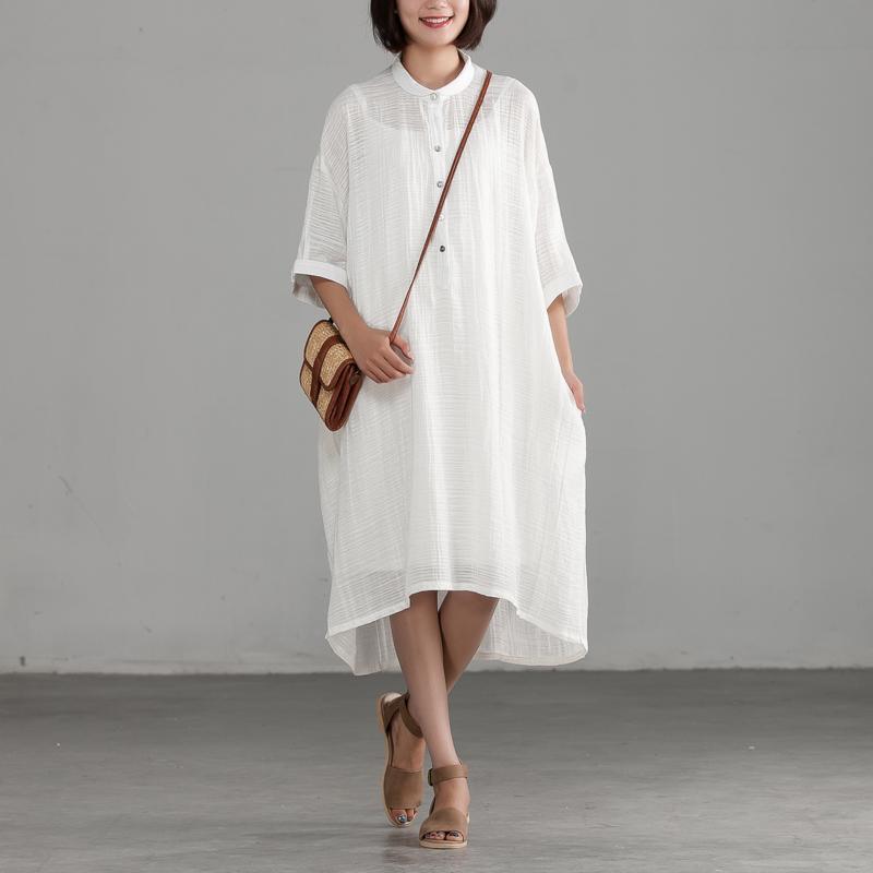 Fine long cotton linen dresses plus size clothing Linen Cotton Irregular Buttons Thin White Dress - Omychic