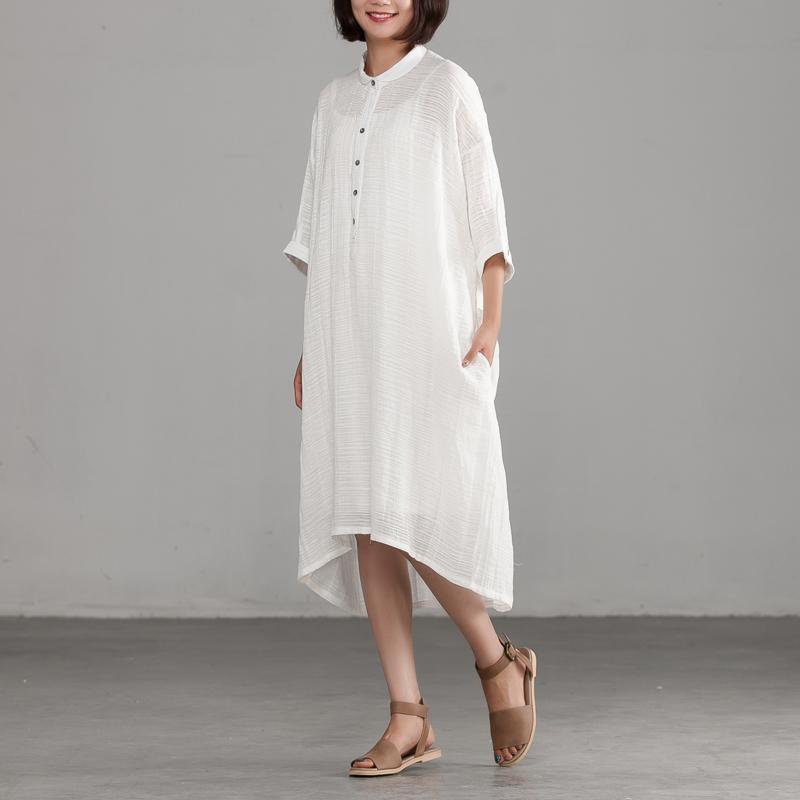 Fine long cotton linen dresses plus size clothing Linen Cotton Irregular Buttons Thin White Dress - Omychic