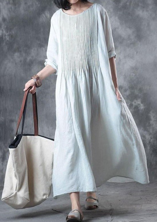 Fine Long Linen Dress Loose Fitting Solid Loose Folded Pocket Women Elbow Sleeves White Dress ( Limited Stock) - Omychic