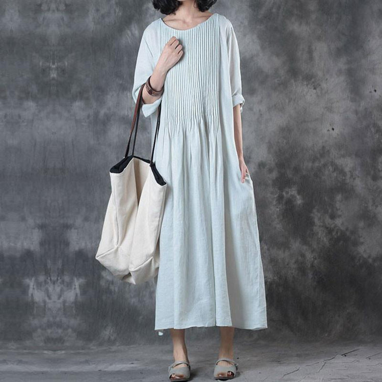 Fine Long Linen Dress Loose Fitting Solid Loose Folded Pocket Women Elbow Sleeves White Dress ( Limited Stock) - Omychic