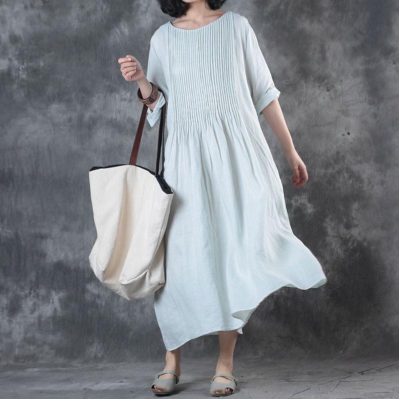 Fine Long Linen Dress Loose Fitting Solid Loose Folded Pocket Women Elbow Sleeves White Dress ( Limited Stock) - Omychic