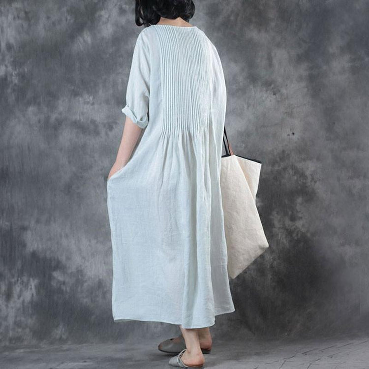 Fine Long Linen Dress Loose Fitting Solid Loose Folded Pocket Women Elbow Sleeves White Dress ( Limited Stock) - Omychic