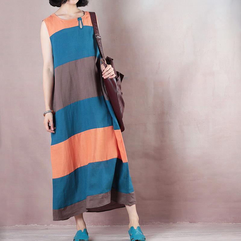 Fine multicolor striped linen maxi dress plus size  Sleeveless baggy dresses maxi dresses - Omychic