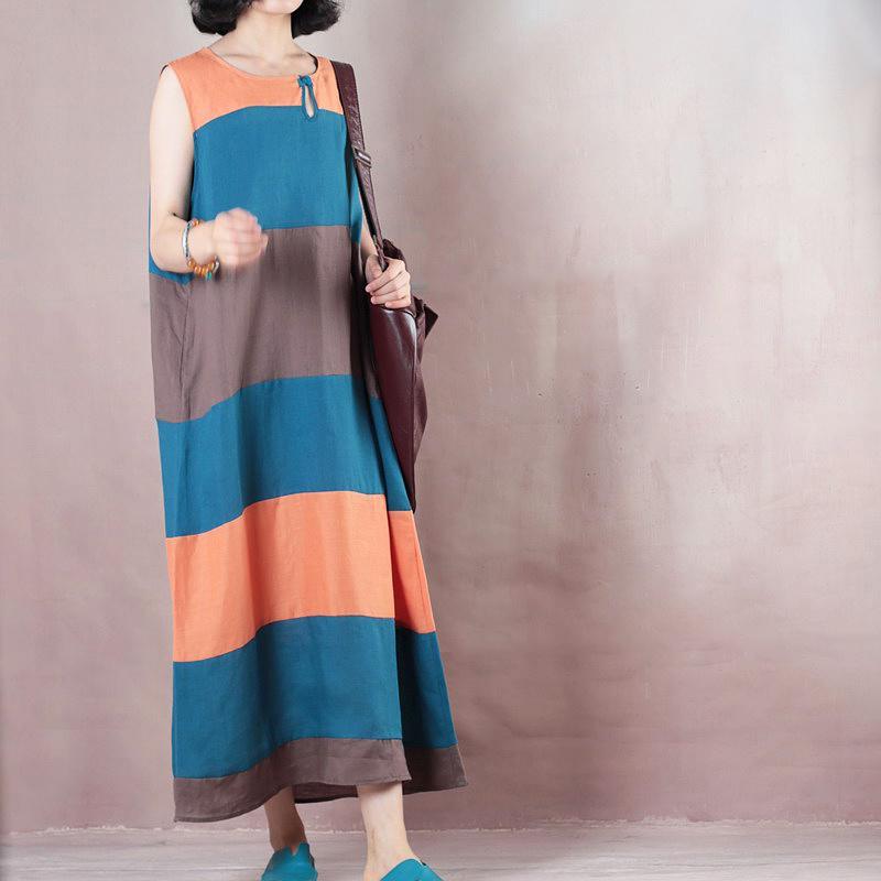 Fine multicolor striped linen maxi dress plus size  Sleeveless baggy dresses maxi dresses - Omychic
