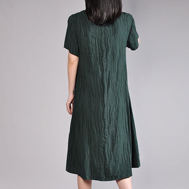 Fine natural cotton dress plus size clothing Women Summer Casual Short Sleeve Dark Green Dress - Omychic
