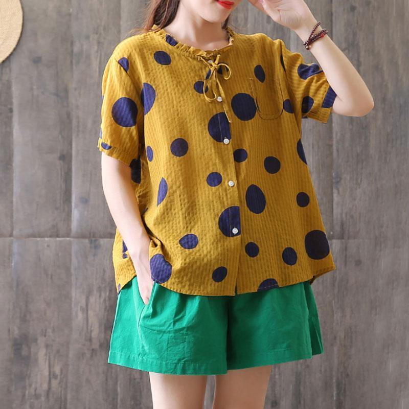 Fine natural linen t shirt oversized Summer Short Sleeve Dots High-low Hem Blouse - Omychic