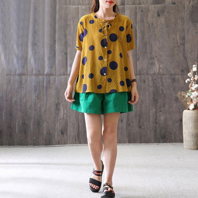 Fine natural linen t shirt oversized Summer Short Sleeve Dots High-low Hem Blouse - Omychic