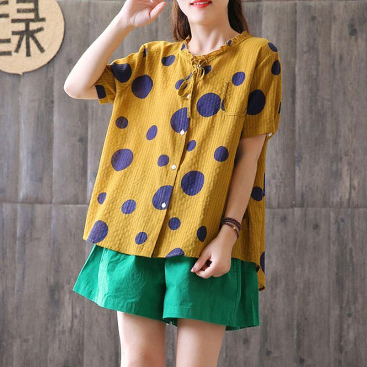 Fine natural linen t shirt oversized Summer Short Sleeve Dots High-low Hem Blouse - Omychic