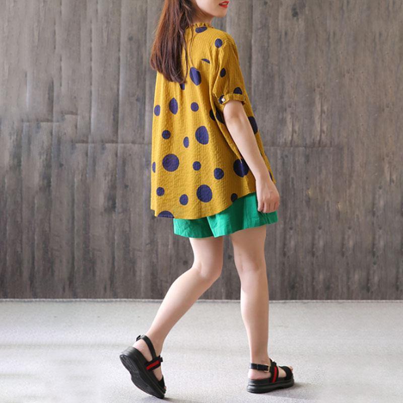 Fine natural linen t shirt oversized Summer Short Sleeve Dots High-low Hem Blouse - Omychic