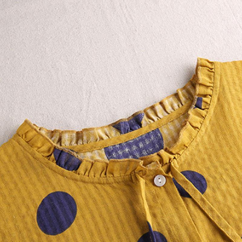 Fine natural linen t shirt oversized Summer Short Sleeve Dots High-low Hem Blouse - Omychic