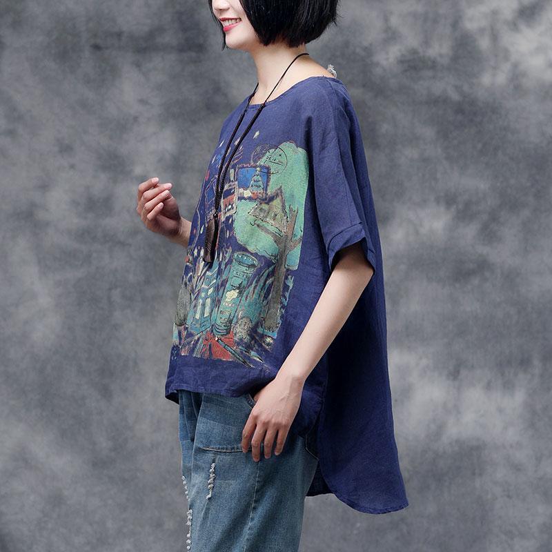 Fine natural linen t shirt plus size Summer Short Sleeve Women Navy Blue Tops - Omychic