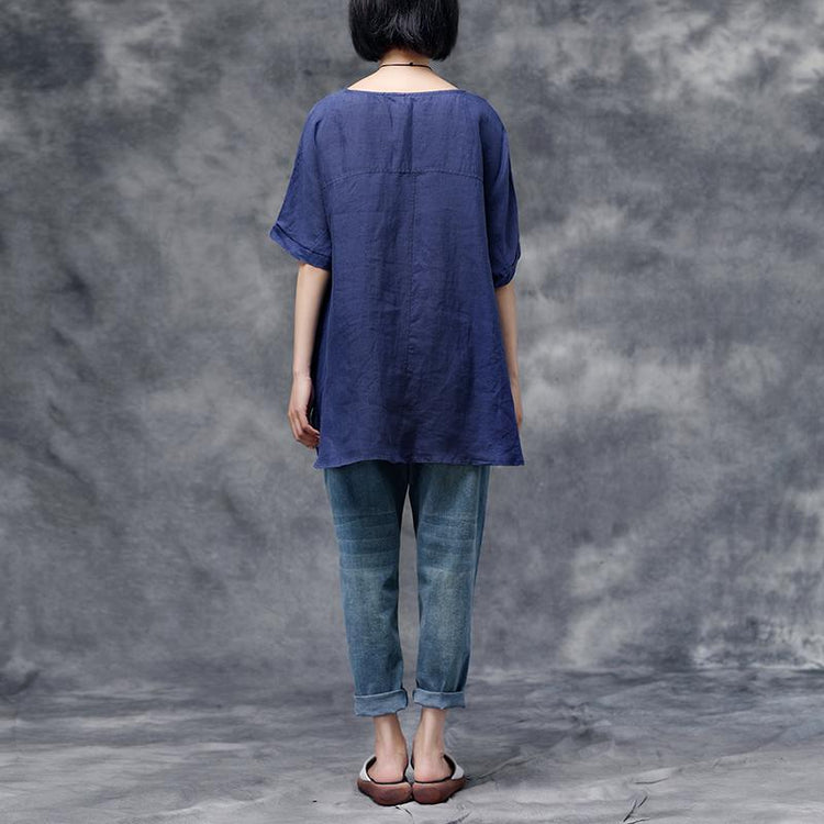 Fine natural linen t shirt plus size Summer Short Sleeve Women Navy Blue Tops - Omychic