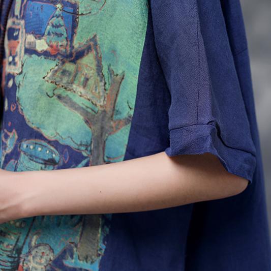 Fine natural linen t shirt plus size Summer Short Sleeve Women Navy Blue Tops - Omychic