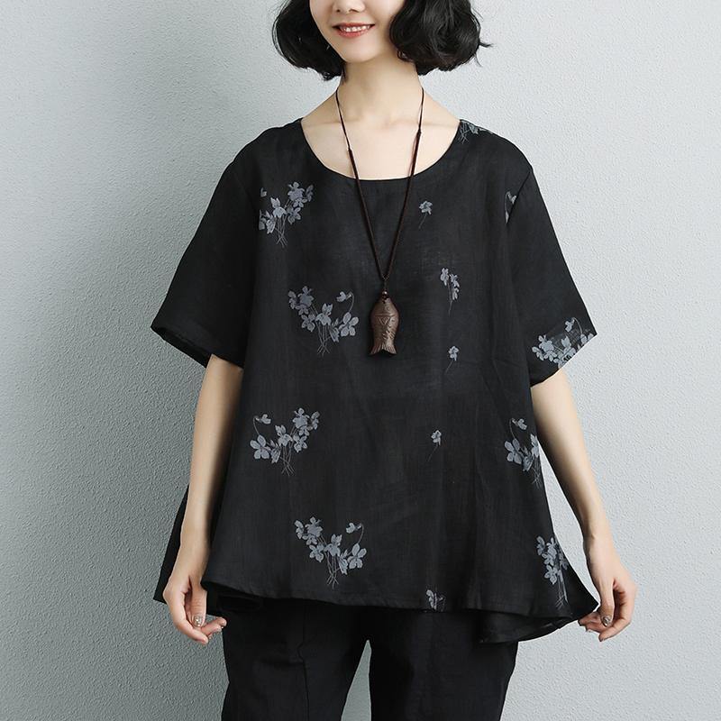 Fine natural linen t shirt trendy plus size Summer Short Sleeve Flower Casual Black Blouse - Omychic