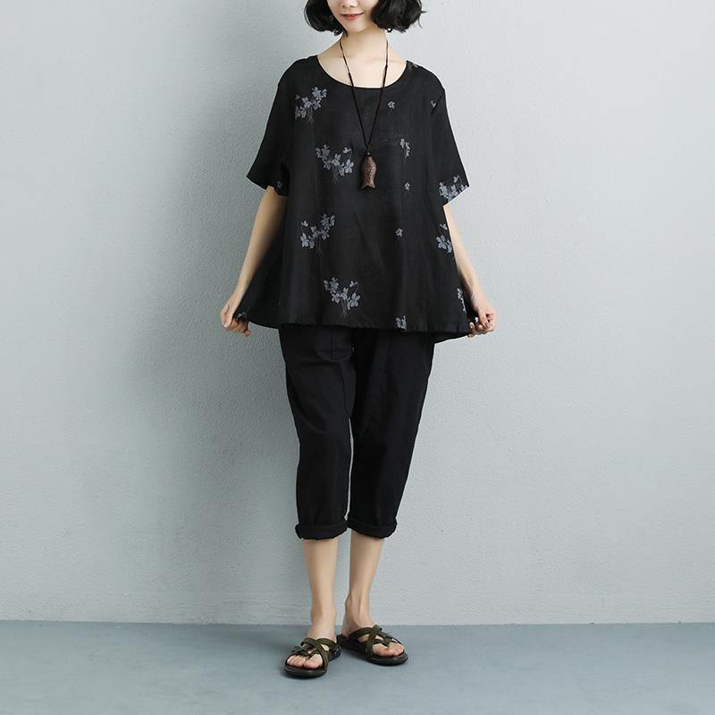 Fine natural linen t shirt trendy plus size Summer Short Sleeve Flower Casual Black Blouse - Omychic