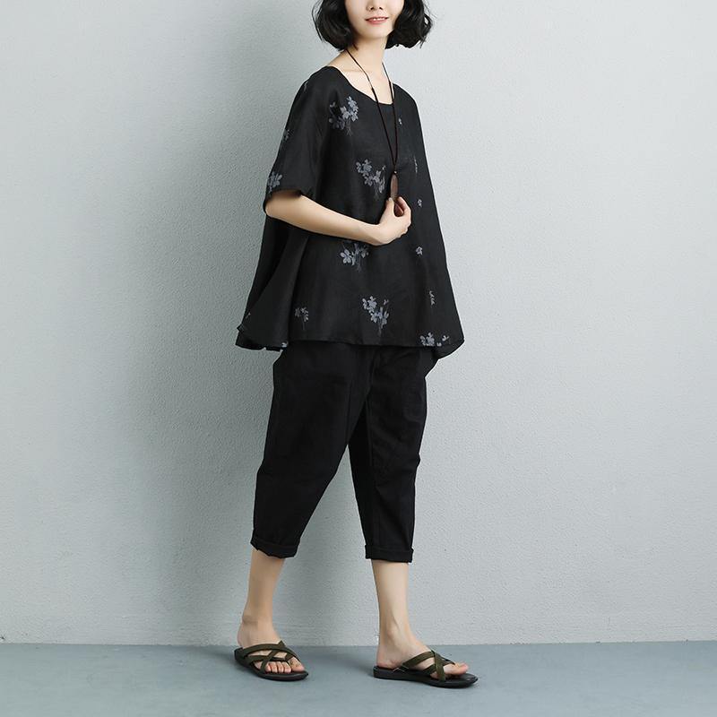 Fine natural linen t shirt trendy plus size Summer Short Sleeve Flower Casual Black Blouse - Omychic