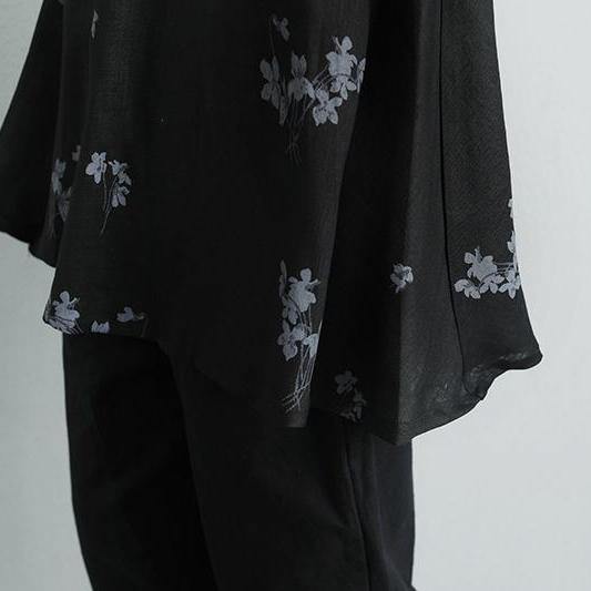 Fine natural linen t shirt trendy plus size Summer Short Sleeve Flower Casual Black Blouse - Omychic