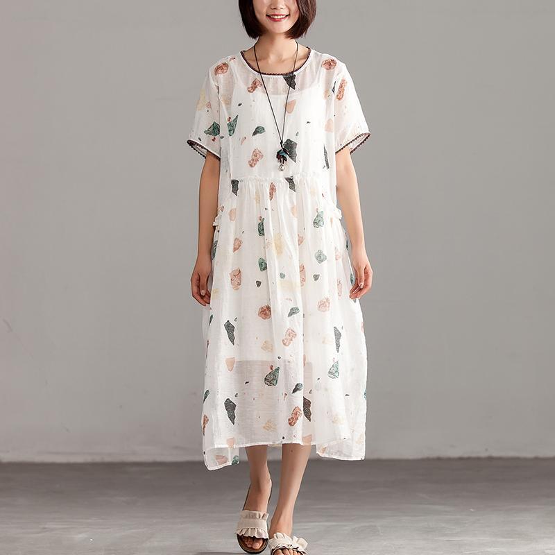 Fine natural silk linen dress Loose fitting Round Neck Summer Short Sleeve White Casual Dress - Omychic