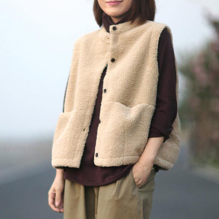 Fine nude wool coat trendy plus size sleeveless pockets coat - Omychic