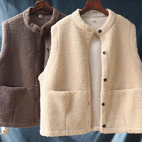 Fine nude wool coat trendy plus size sleeveless pockets coat - Omychic