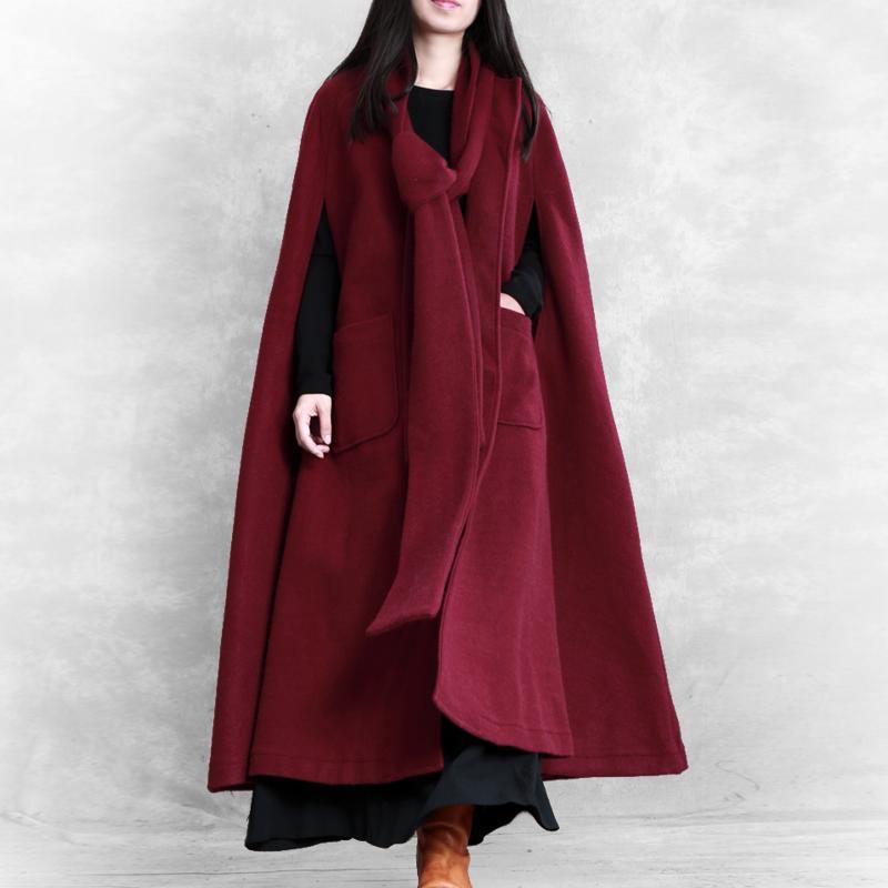 Fine oversize Winter coat burgundy Batwing Sleeve large hem Woolen Coat Women - Omychic