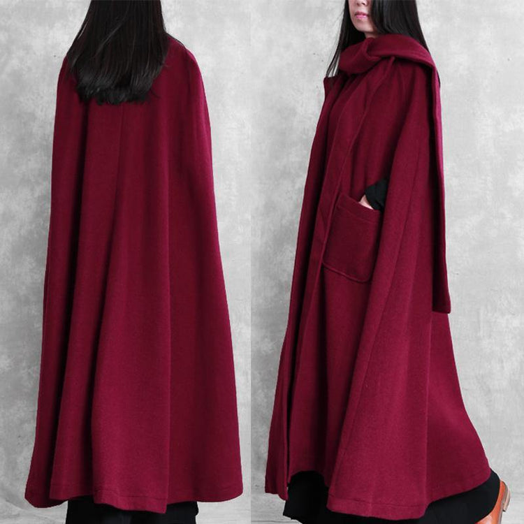 Fine oversize Winter coat burgundy Batwing Sleeve large hem Woolen Coat Women - Omychic