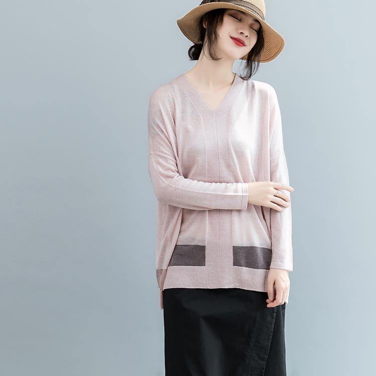 Fine pink  sweater oversize v neck knitted tops casual batwing sleeve t shirt - Omychic