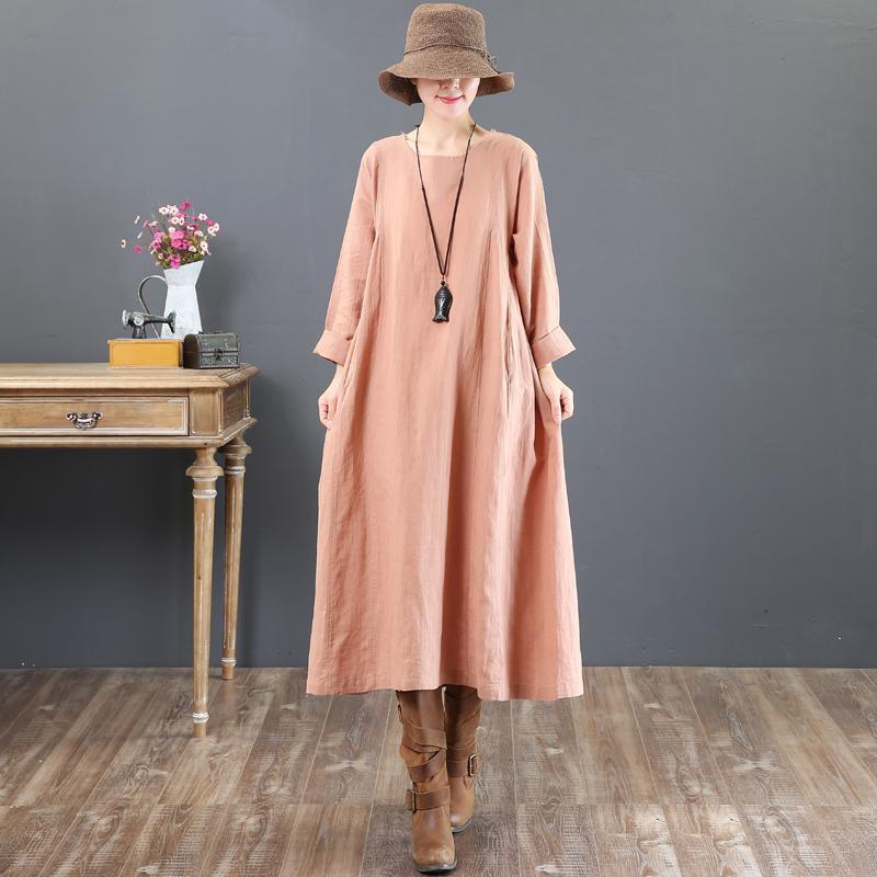 Fine pink long linen dress plus size o neck linen gown Elegant long sleeve gown - Omychic