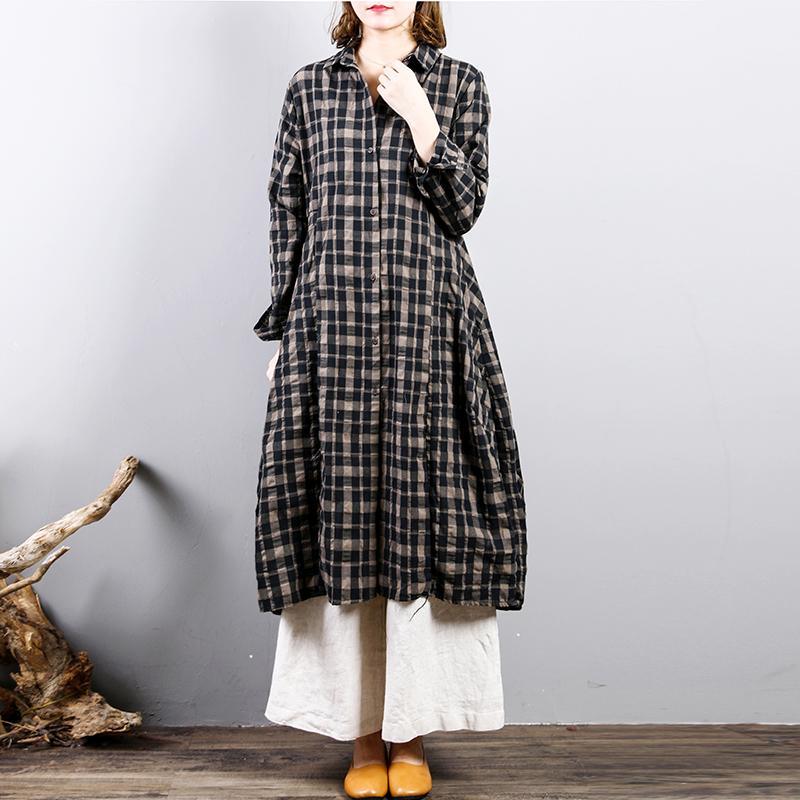 Fine plaid  natural linen dress casual holiday dresses big hem Fine lapel collar natural linen shirt dress - Omychic