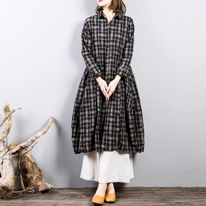 Fine plaid  natural linen dress casual holiday dresses big hem Fine lapel collar natural linen shirt dress - Omychic