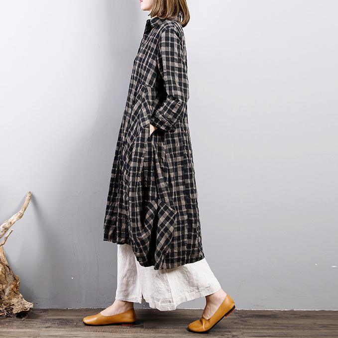 Fine plaid  natural linen dress casual holiday dresses big hem Fine lapel collar natural linen shirt dress - Omychic